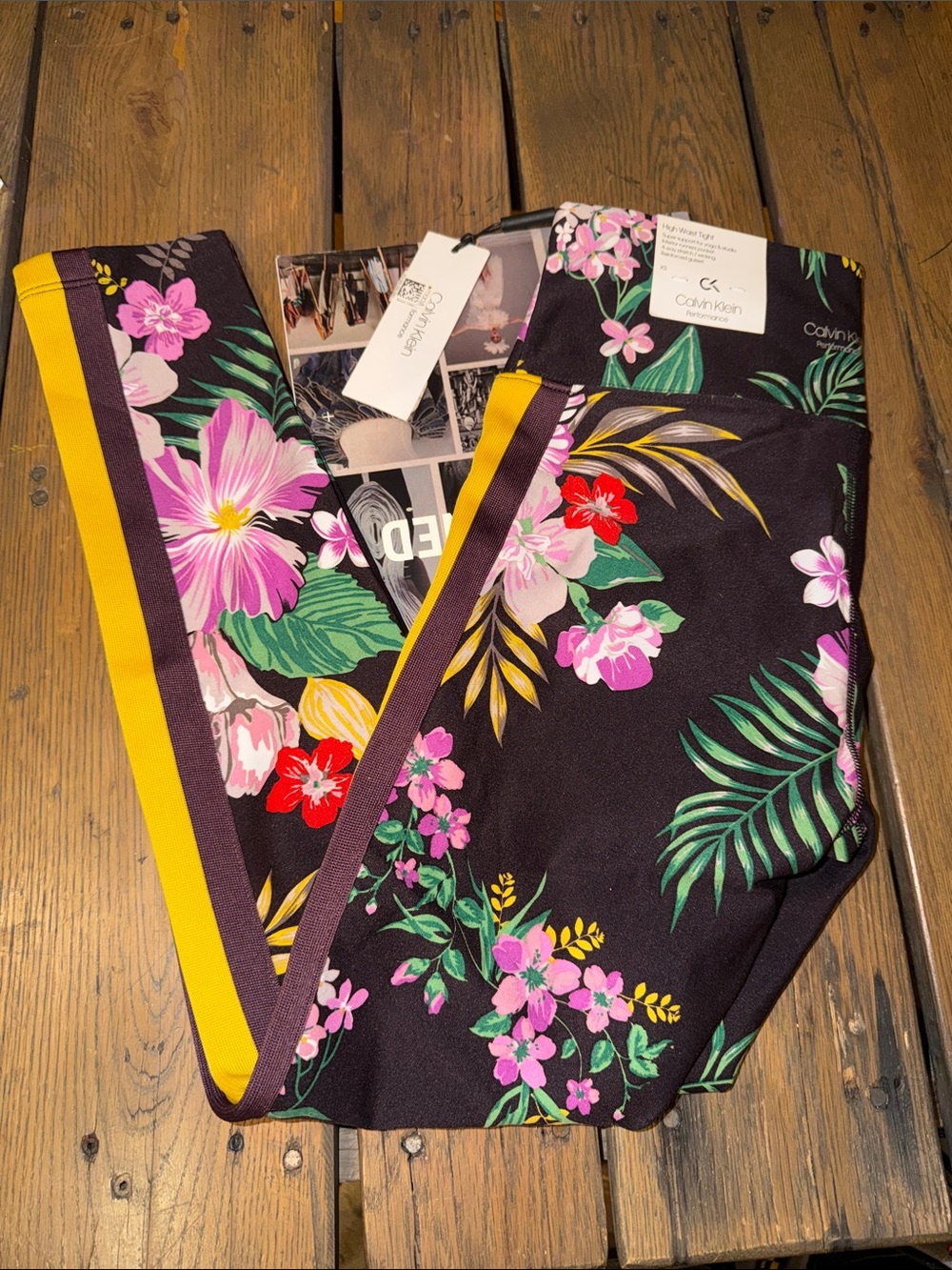Calvin Klein Kids Black Floral Leggings with Pink & Yellow Trim